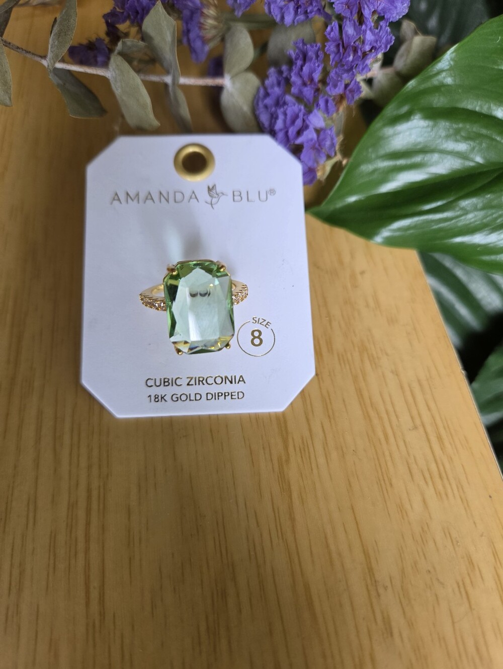 AMANDA BLU Green Cubic Zirconia 18k Gold Dipped Ring. Size 8.